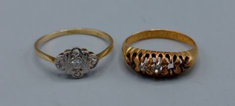 An 18ct gold diamond cluster ring together with an 18ct gold diamond set ring, (one stone missing)