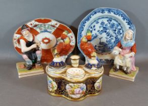 A Pair of Staffordshire figures together with a French inkwell, a pair of model Parrots with gold