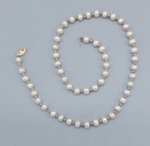A 9ct gold and cultured pearl necklace, interspaced with 9ct gold beads, 45cms long