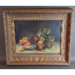 Edna Bizon, still life fruit in abowl with glasses upon a table, 34cms x 44cms