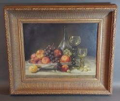 Edna Bizon, still life fruit in abowl with glasses upon a table, 34cms x 44cms