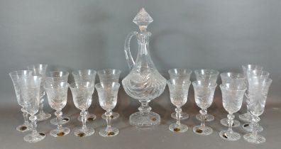 A Veritable glass drinking set comprising a pedestal decanter, six wine glasses, six claret