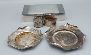 A Sheffield silver pin tray, together with another similar smaller, a London silver cigarette box