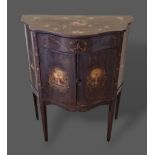 A Sheraton revival small commode of serpentine form, the hinged top enclosing divided interior and