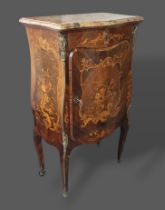 A French marquetry inlaid and gilt metal mounted side cabinet, the variegated marble top above a