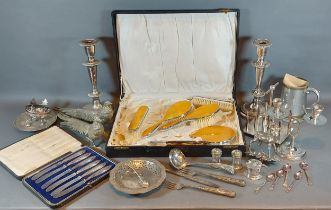 A pair of silver plated candlesticks, together with a collection of other silver plated items and