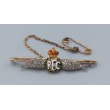A 15ct gold RFC bar brooch in the form of wings set with diamonds and enamel, 5.3gms