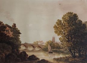 George Pickering, river landscape, monochrome watercolour, 19cms x 26cms
