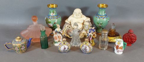 A pair of German porcelain figural scent bottles together with a collection of scent bottles and