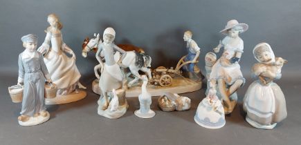 Three Lladro figurines, together with a Lladro bell, two Lladro ducks, two Nao figurines and a