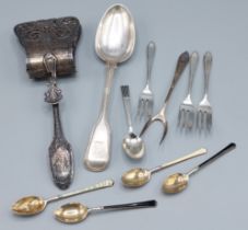 A pair of Continental white metal serving tongs, together with a small collection of silver spoons