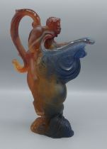 A French Daum Pate De Verre ewer, the spout in the form of a fish with mythical figural handle,
