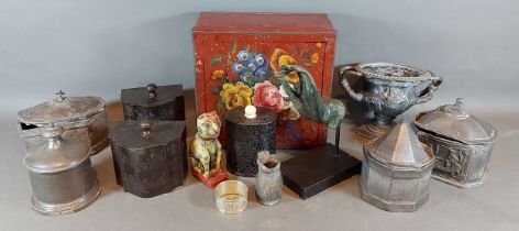 A Huntley and Palmers biscuits tin, together with a collection of lead tea caddies and other items