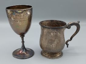 A Chester silver mug together with a Sheffield silver trophy cup, 9ozs