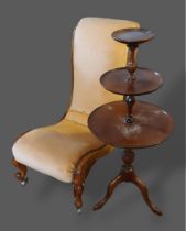A Victorian walnut low seat chair together with a mahogany three tier dumb waiter
