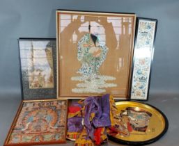 A Chinese embroidery depicting a figure together with a Chinese silk work and other related items