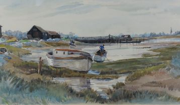 Flora Twort, Langstone Harbour with boats, watercolour, signed, 21cms x 35cms