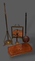 A marquetery inlaid galleried tray, together with a brass standard lamp, a fire screen, a warming