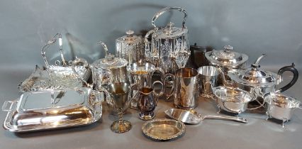 A silver plated spirit kettle together with a collection of silver plated items