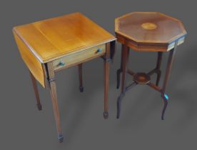 An Edwardian mahogany drop flap work table together with an Edwardian mahogany shell inlaid
