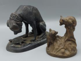 After Henri Alfred Jacquemart a patinated bronze of a dog and Tortoise, 15cms tall together with a