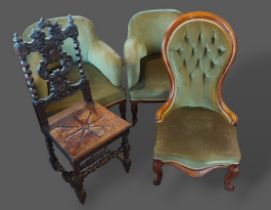 A Victorian walnut drawing room chair together with a pair of tub shaped chairs and an oak hall