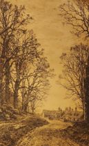 Fred Slocombe, Rural Scene, black and white engraving signed in pencil, 50cms by 35cms