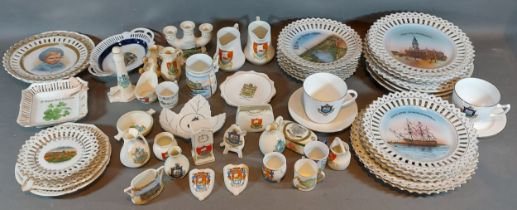 A collection crested china mainly relating to The Isle Of Wight together with a collection of ribbon