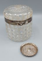 A Birmingham silver and cut glass large lidded jar of cylindrical form with silver collar, 13cms