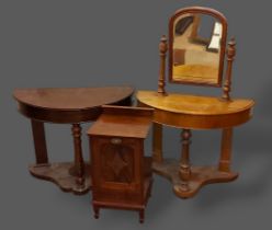 A Victorian demi lune dressing table with mirror back, together with a similar side table and a