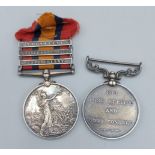 A Queen South Africa war medal awarded to Sargeant J. Smith, Derby regiment with three bars for