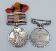 A Queen South Africa war medal awarded to Sargeant J. Smith, Derby regiment with three bars for