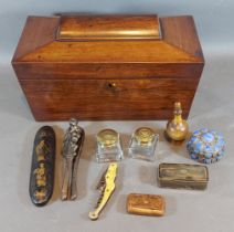 A 19th Century mahogany tea caddy together with a pair of ink bottles and other items
