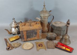 A small strongbox with lock and key together with other items to include two jugs and a lead tea