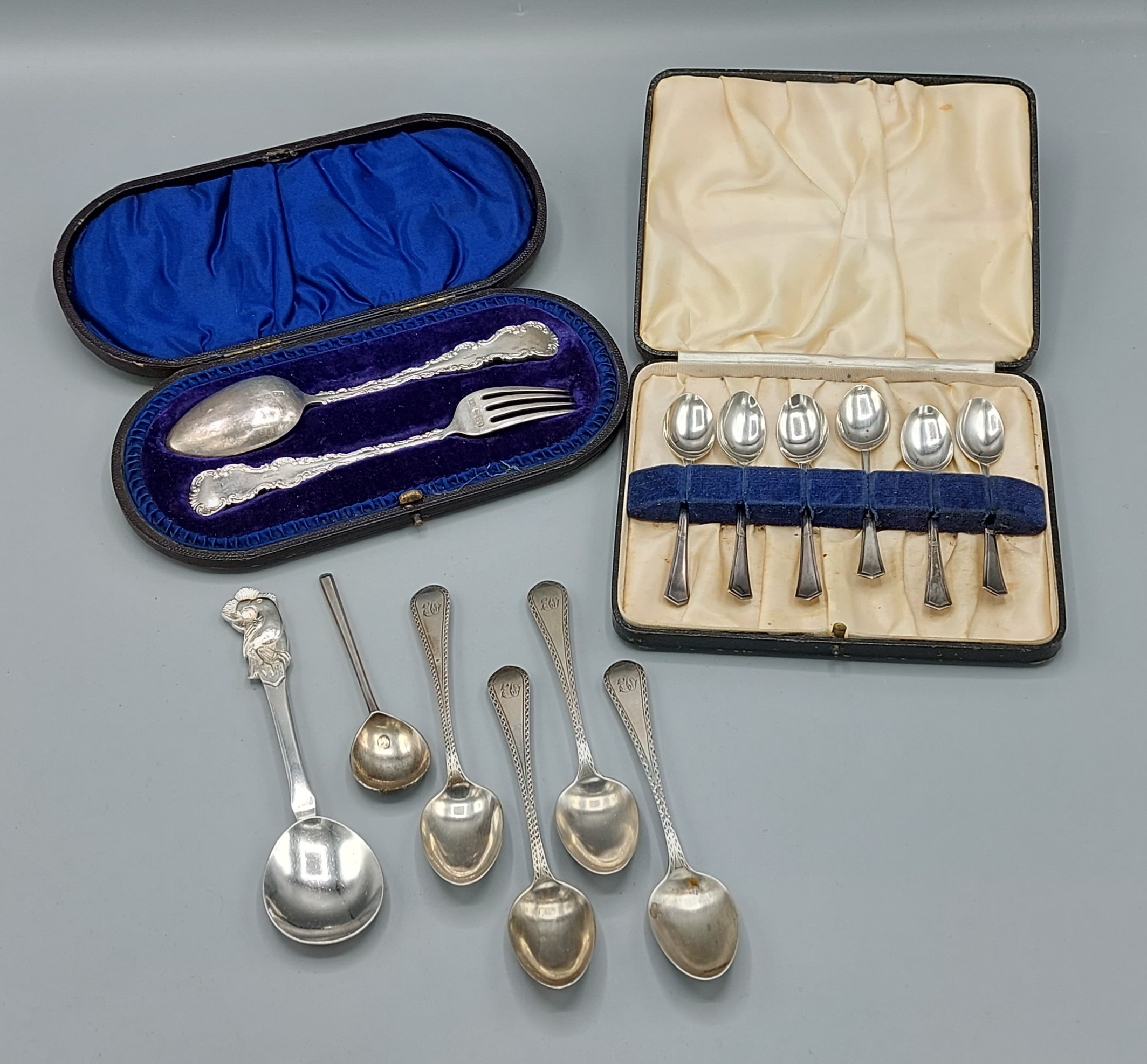 A Sheffield silver christening pair in fitted case together with a set of six Birmingham silver