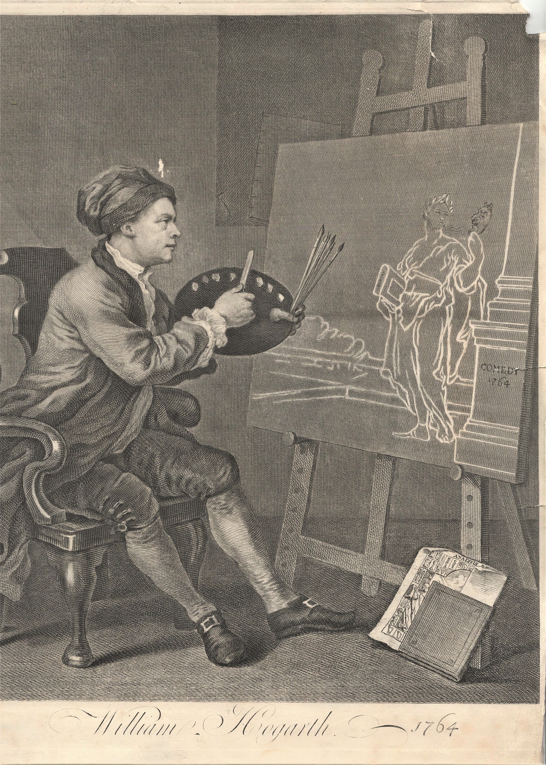 Print-'William Hogarth 1764'-black and white print in his studio at work-measurement 44cm x 38cm-