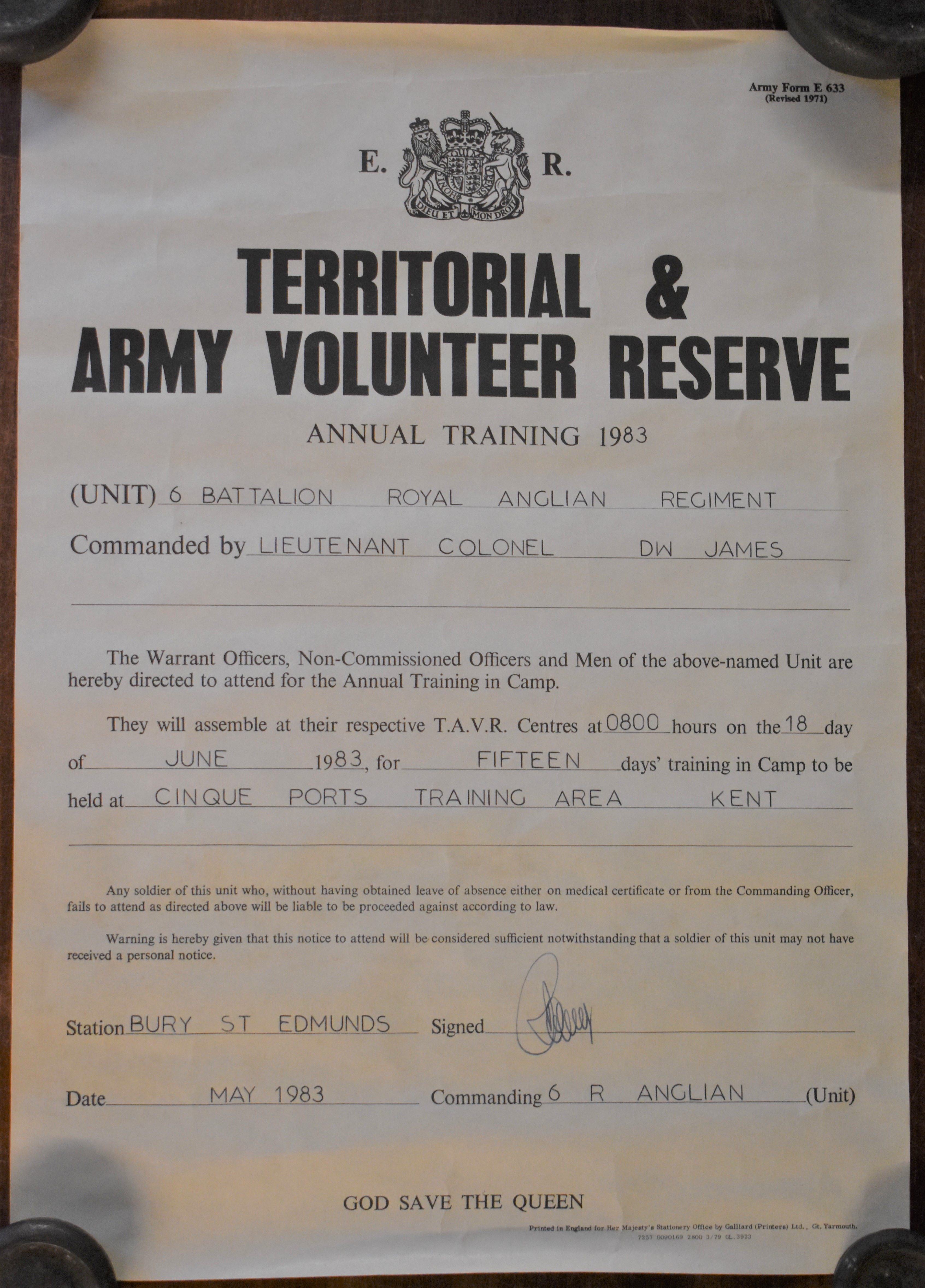 Territorial & Army Volunteer Reserve Poster (Original) 1983 - 6th Battalion, Royal Anglian