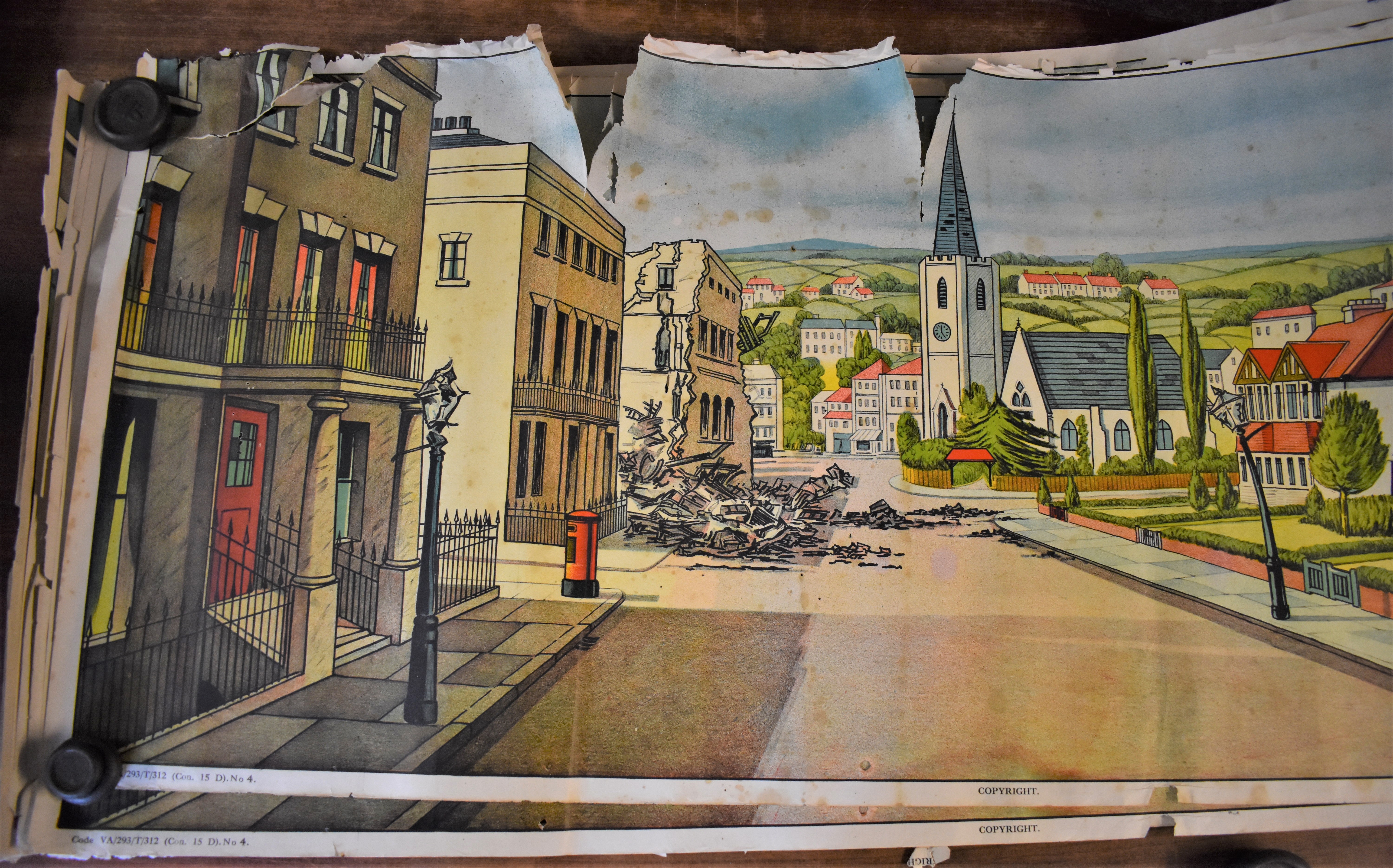 Vintage Posters Identical Hill, Siffken & Co., London & Birmingham. Scene of street with bomb