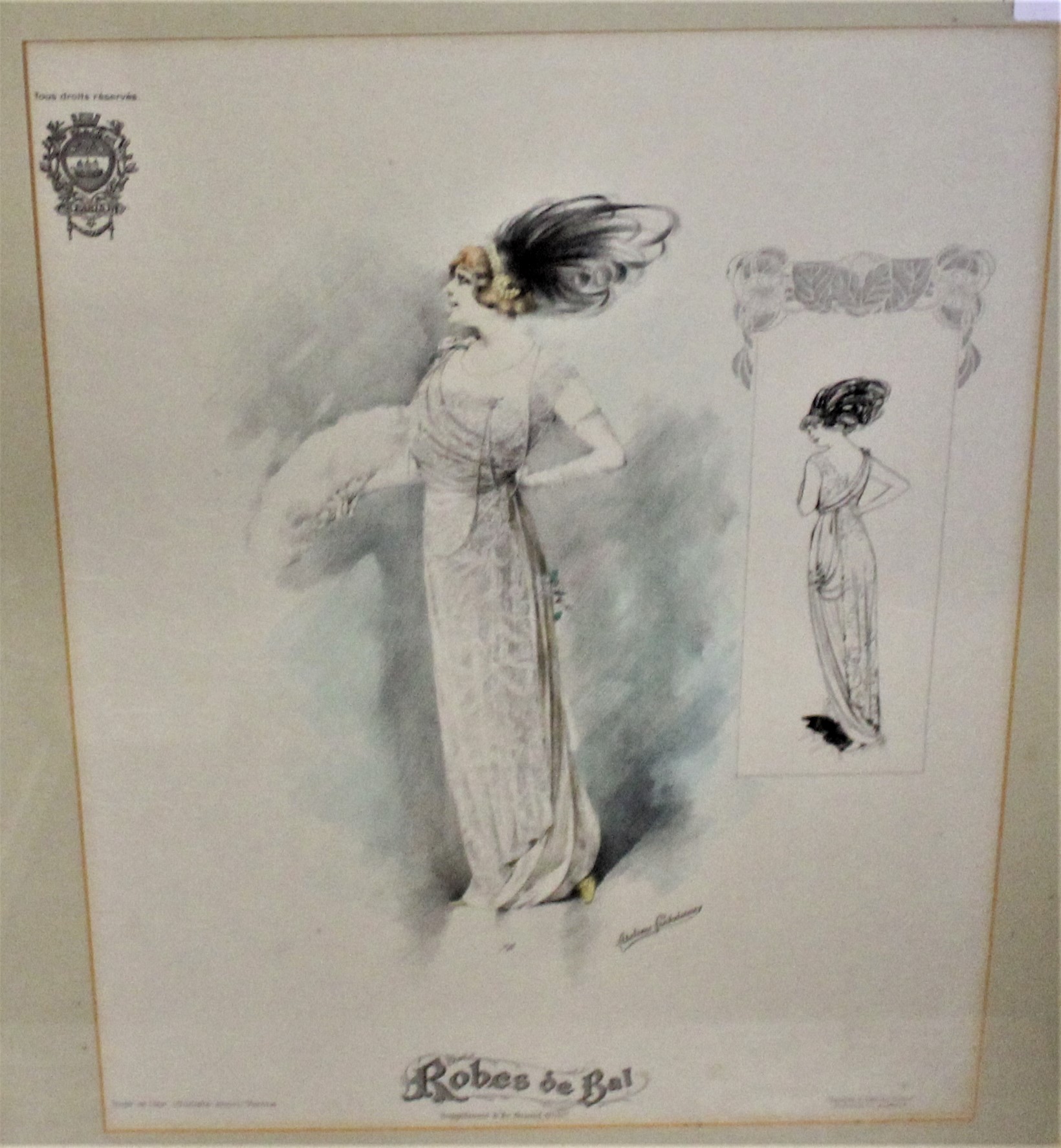 "Robes de Bal" - French Fashion Print, measurement 50cm x 40cm-1920s-1930s-framed and glazed (gilt),