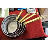 Copper Coated Aluminium Saucepan Set, (5) with brass handles and good condition. Nice for use or