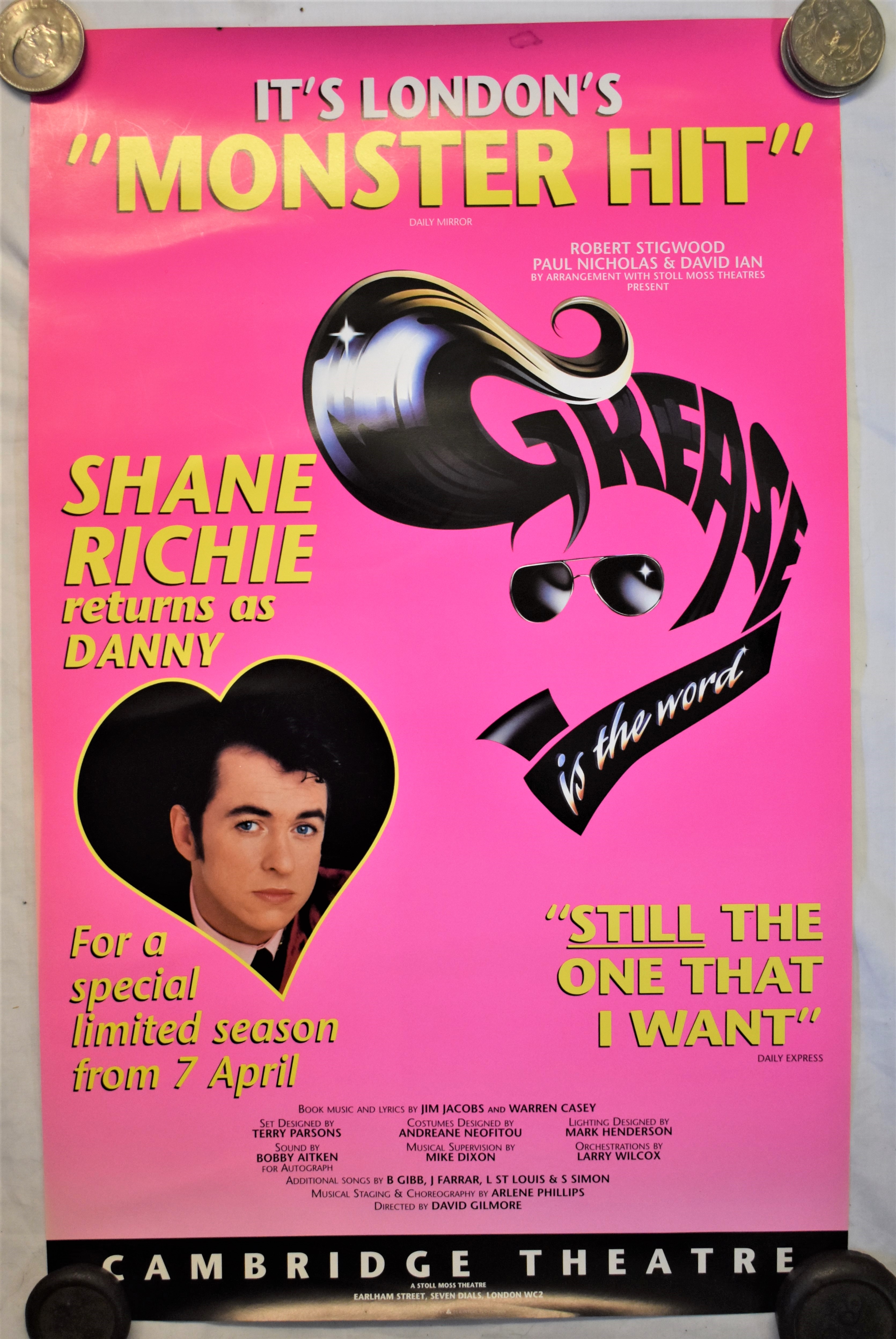 Poster Lobby Play - 'Grease' starring Shane Richie & Paul Nicholas. Cambridge Theatre, measures 51cm