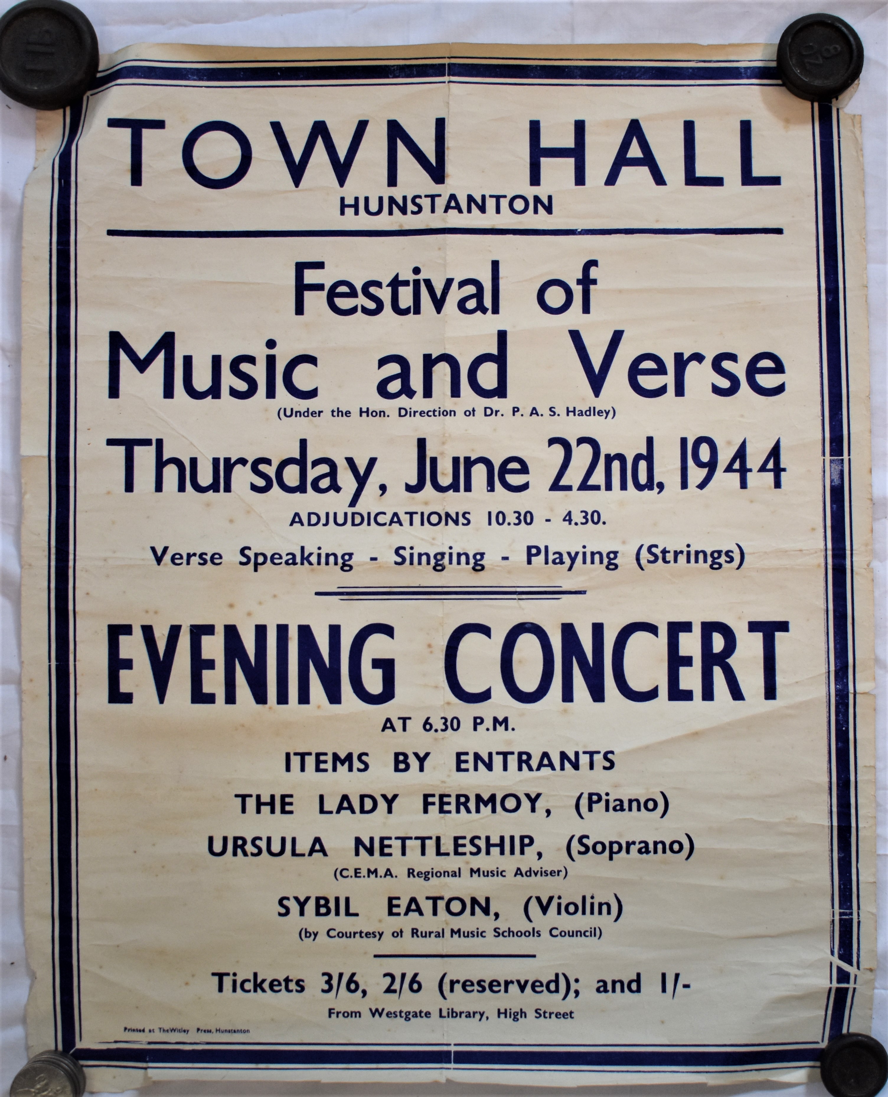 Poster-Town Hall-Hunstanton-Festival of Music + Verse 1944-Evening Concert-blue and white-