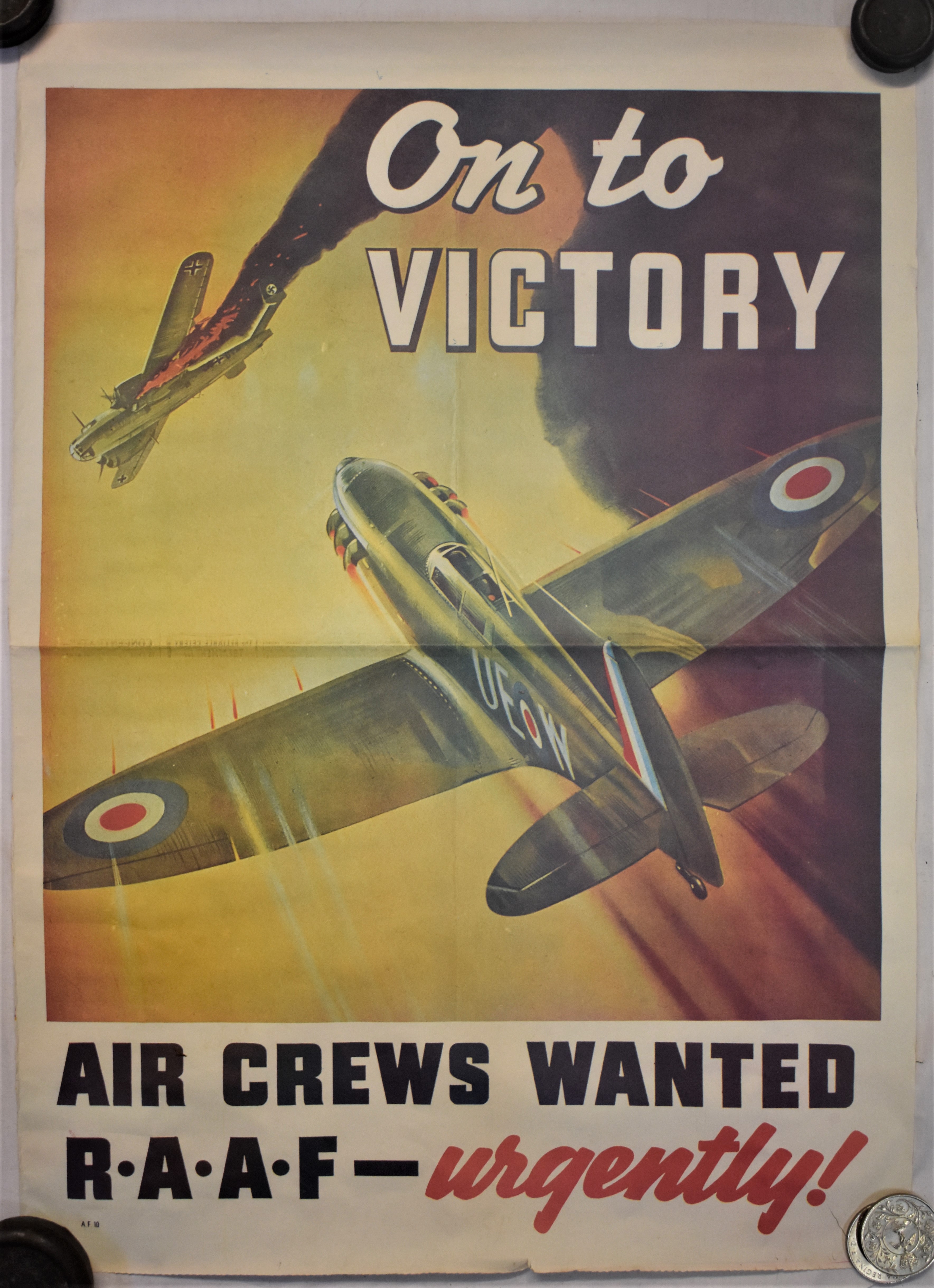 Poster-(Aircraft)-'On To Victory'-Air Crews Wanted R.A.A.F Urgently-measurements 57cm x 37cm-fold