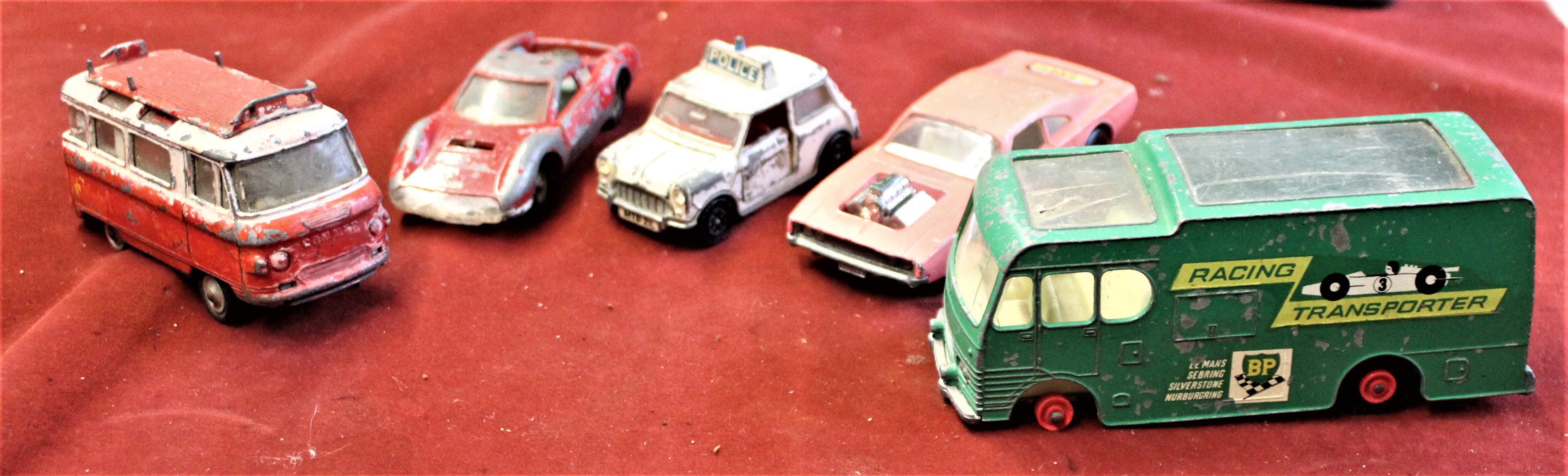 Mixed Lot-(5) Dinky Dino Ferrari-Mini Police car-Matchbox Racing Transporter-K22 Dodge Dragster-