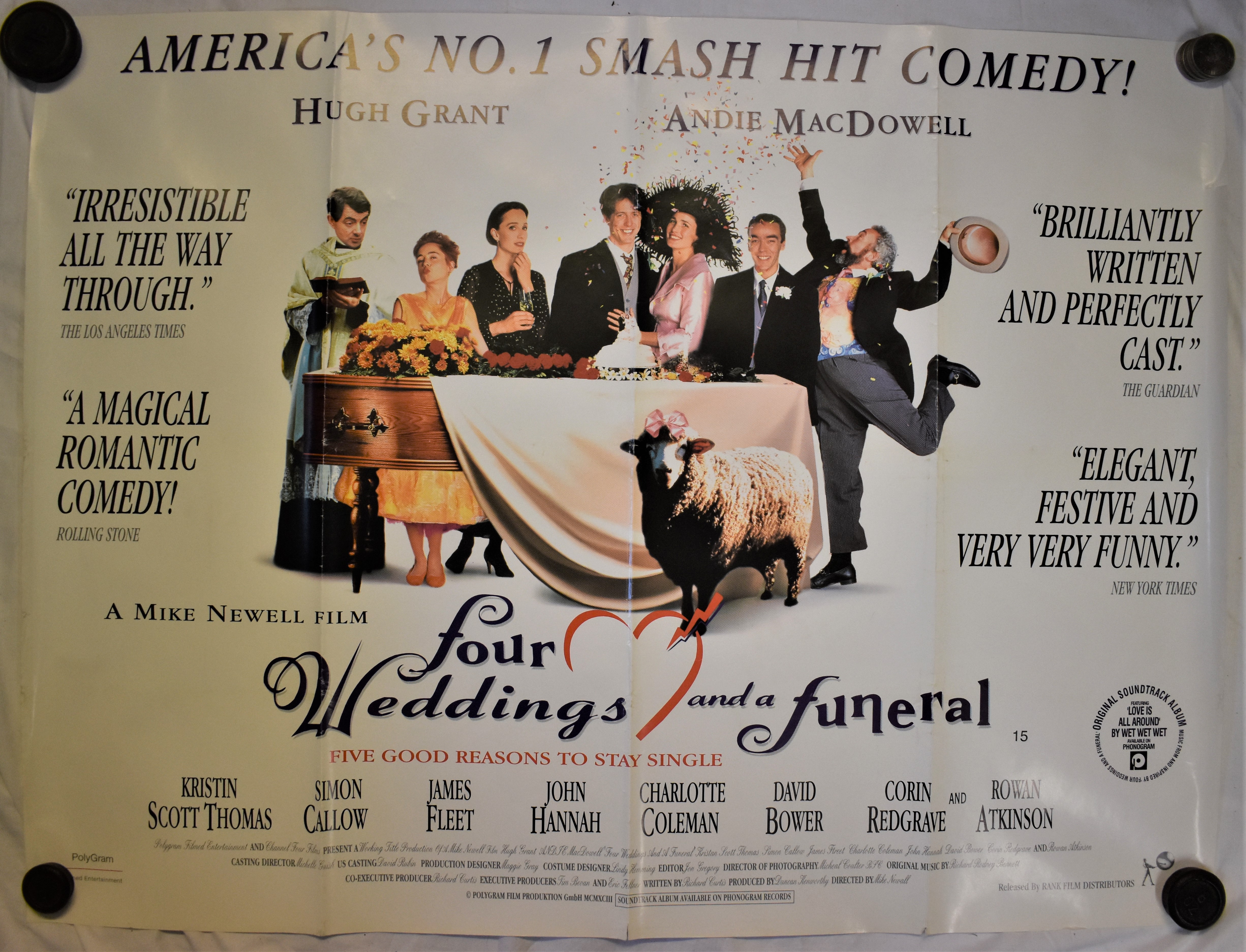 Film Poster-'Four Wedding's and a Funeral'-starring Hugh Grant-Andie McDowell-measurements 100cm x