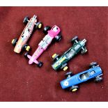 Matchbox'-(3) Racing cars and (1) Dragster (2 with drivers) play worn no boxes