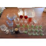 Glassware - a collection of 28 pieces including green based Brandy glasses, a resin sculpture of a