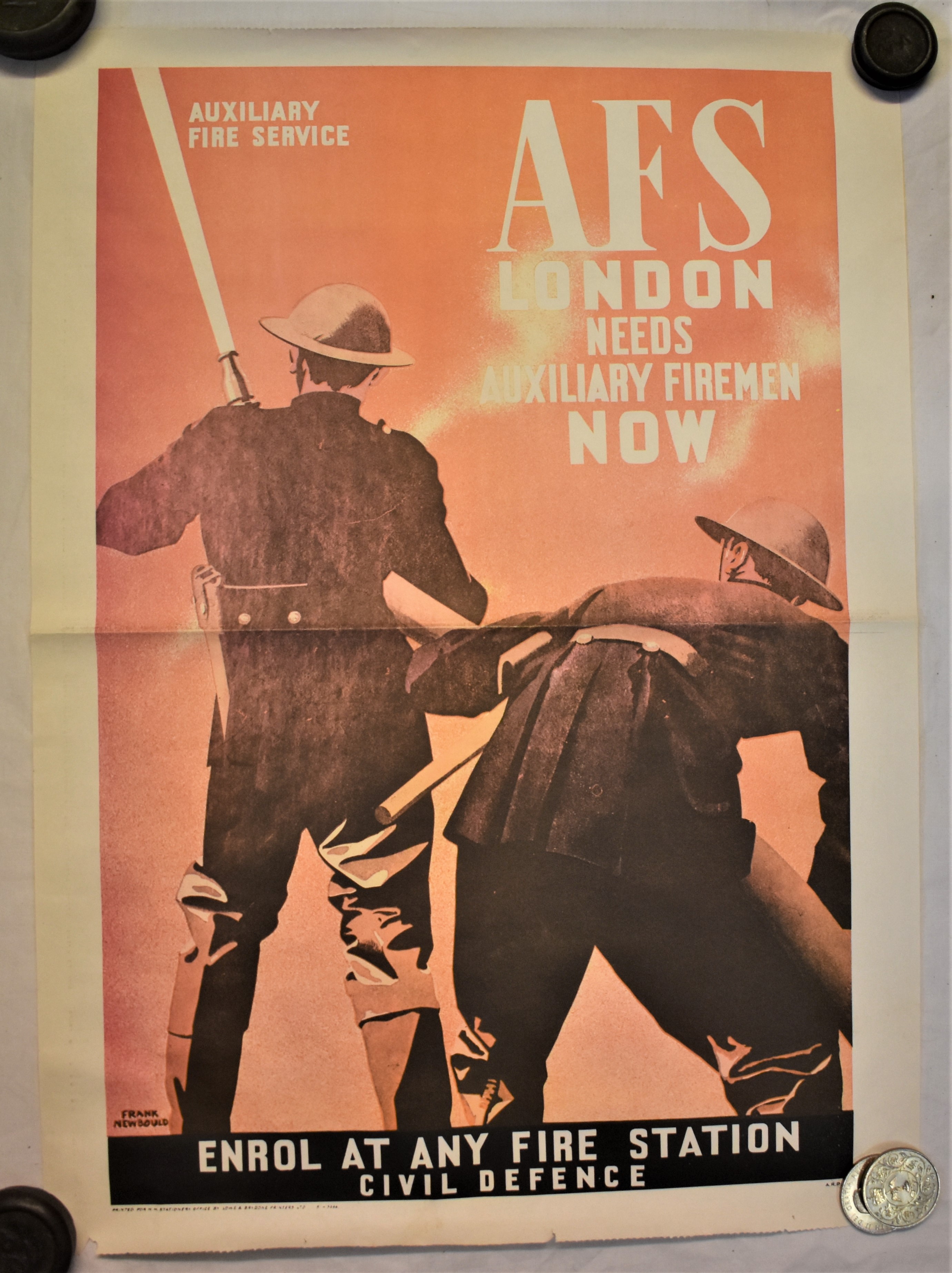 Poster-(Fire Service)-A.F.S-Auxiliary Fire Service-London Needs Auxiliary Firemen Now'-signed