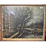 Poster-High Rise City Buildings-by River and Trees-signed Bernald Buffet painting in black-