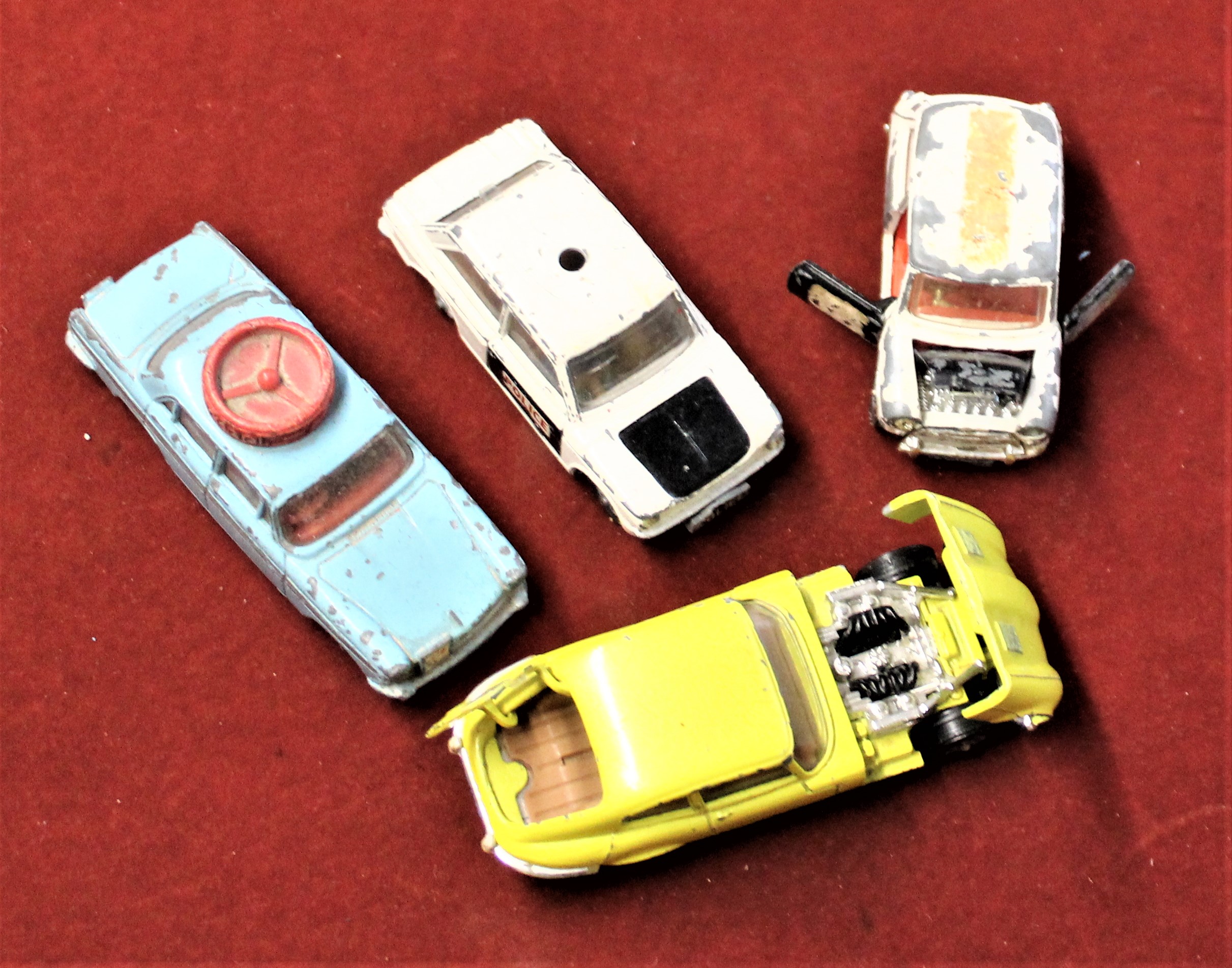 Corgi -(4) Sunbeam 1mp-Police car white (2) tyres missing-Mini Cooper bmc doors and bonnet open